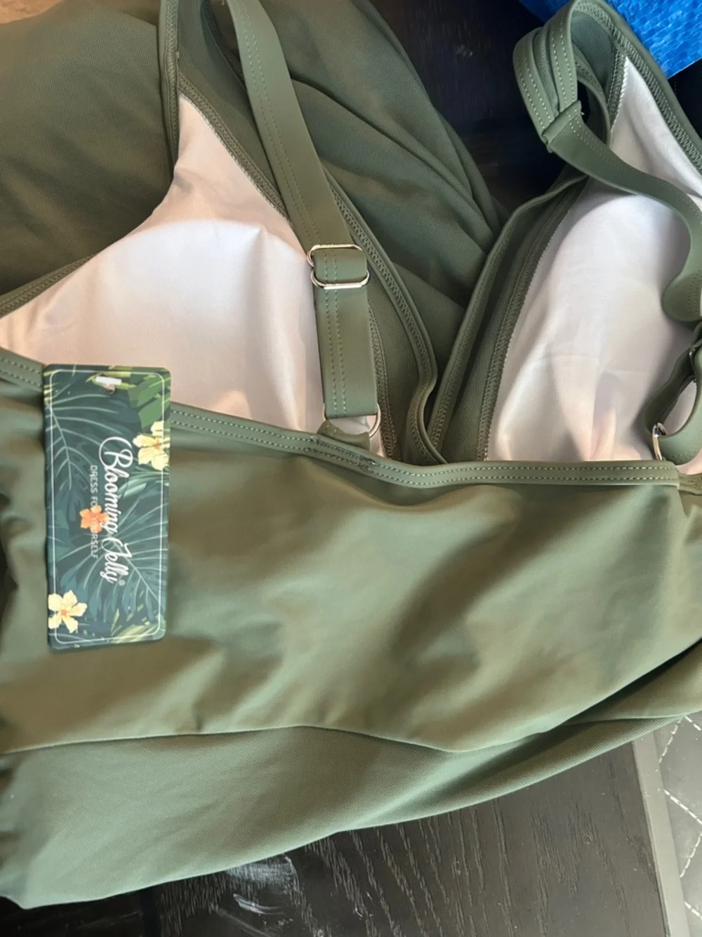 Olive Green Ruched Mesh Swim Dress - Picture 6 of 9